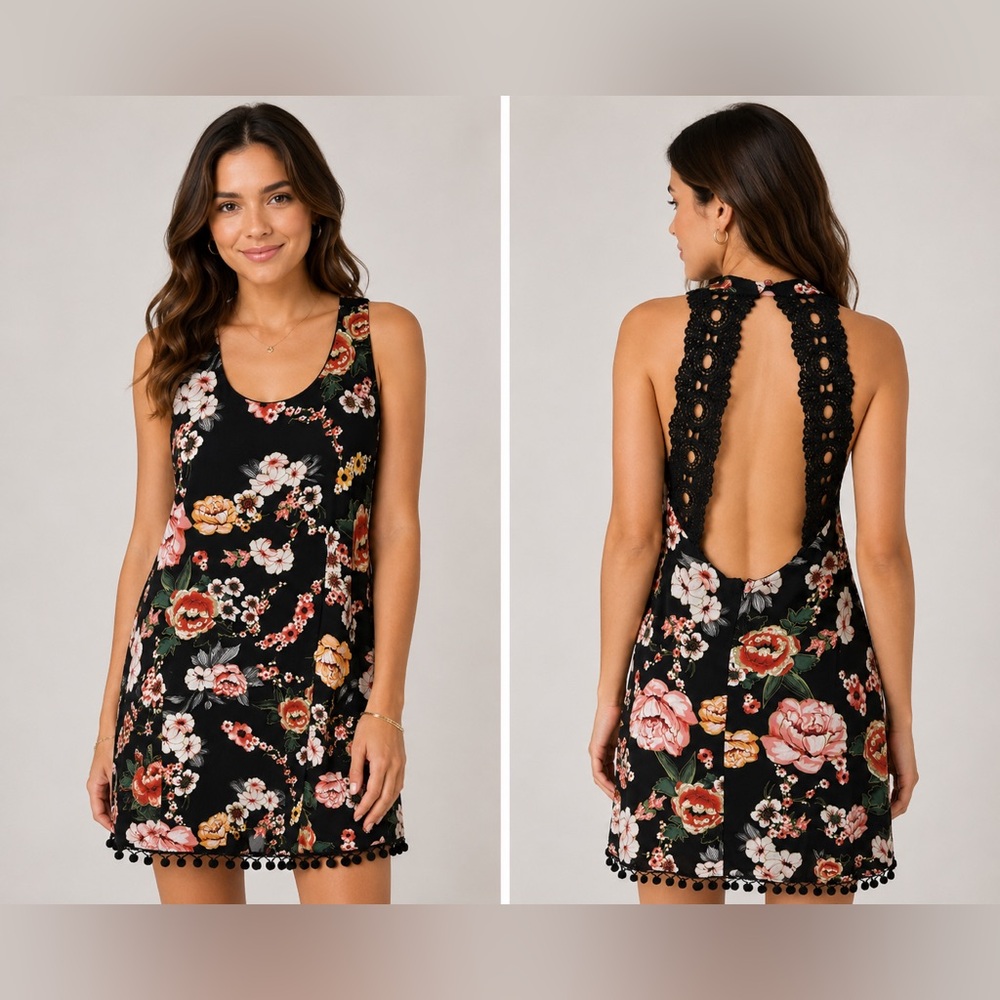 Double Zero Black Floral Open Back Mini Dress Lacy Tassels M Medium